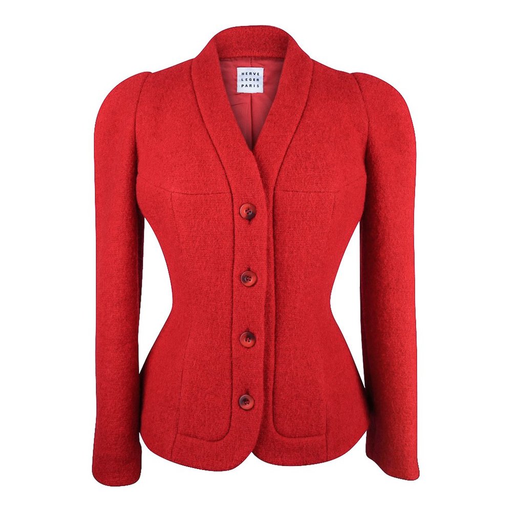 Herve Leger Vintage Jacket Shaped Single Breast Red Wool fits 6